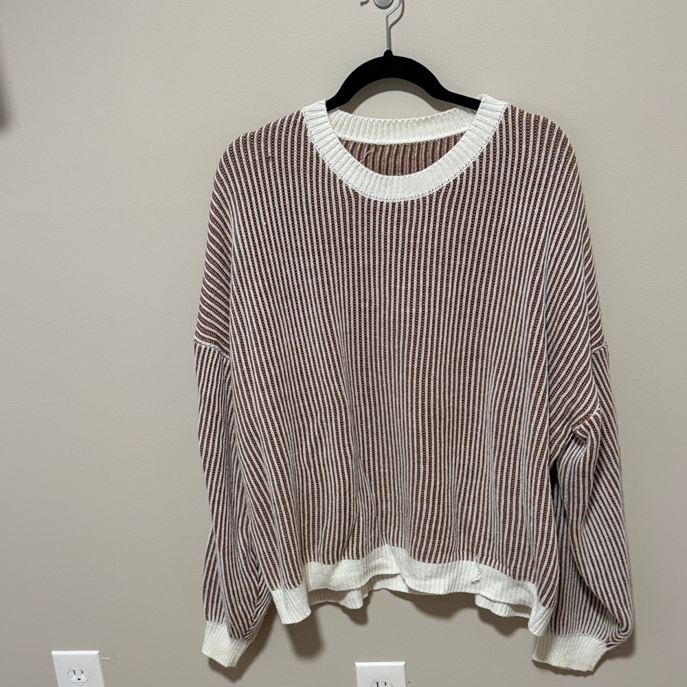 SHEIN Brown & White Striped Crewneck Sweater